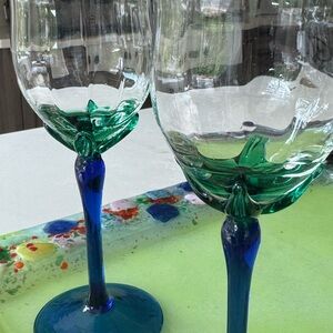 Pair of Elegant Blue and Green Aderia Hand Blown Wine Glasses from Romania